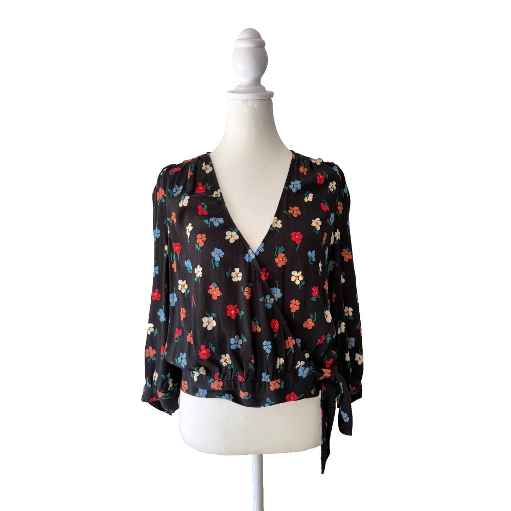 Madewell Womens Sz S Wrap Blouse Black Floral Tie Waist Surplice V-Neck Crop Top
